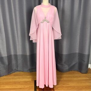 60s Vintage Pink Evening Gown Dress with Sheer Capelet Overlay and Beading
